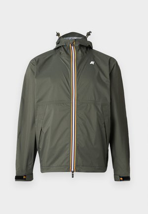 Olive green waterproof jacket with a drawstring hood, front zipper featuring blue, yellow, and orange stripes, and black cuffs.