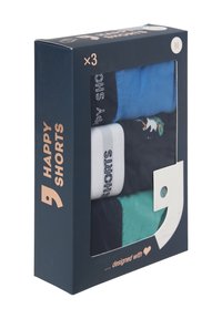 Drie paar katoenen shorts in een doos: donkerblauw, turquoise en wit; met de tekst "HAPPY SHORTS"; medium maat. Verpakking is marineblauw met een venster.