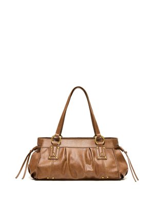 Sac à main en cuir marron avec double poignée, ferrures dorées et pampilles latérales, présenté sur fond blanc.