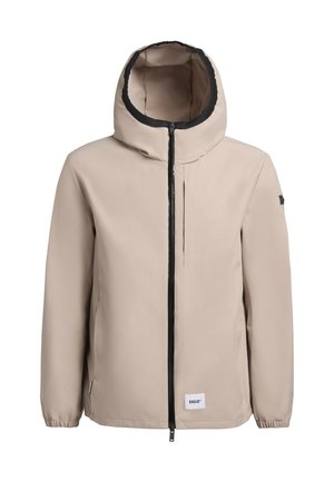 Beige jacket featuring a high neck hood, front zipper closure, and elastic cuffs. Black accents along the hood and zipper. Simple design.