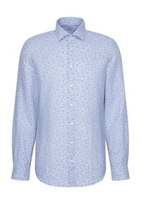 Jasnoniebieska koszula na długi rękaw z guzikami, ozdobiona małym, białym i ciemnoniebieskim kwiatowym wzorem oraz klasycznym kołnierzykiem.