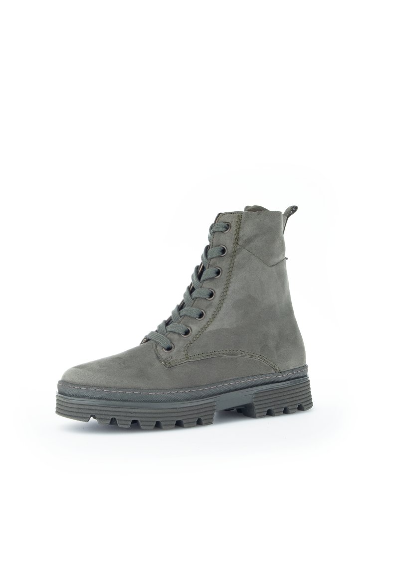 Graue Wildleder-Ankle Boots mit strukturierter Oberfläche, runder Zehenpartie, Schnürung und rutschfester Gummisohle. Mit Schlaufe an der Rückseite.