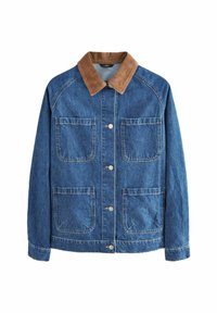 Denimtakki, jossa on ruskea corduroypanta, kaksi etutaskua, nappisuljin ja kontrastivärinen tikkaus. Pehmeä kangas klassisella istuvuudella.