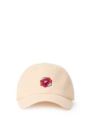 Casquette de baseball beige avec une petite fleur rouge et rose brodée au centre avant.
