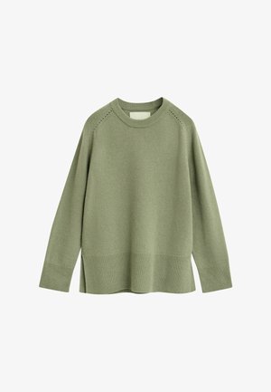 Maglione verde chiaro a maglia con maniche lunghe, polsi a costine, orlo e scollo rotondo su uno sfondo bianco.