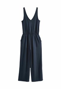 Combinaison sans manches bleu marine avec décolleté en V, taille élastique, jambes larges et poches latérales, disposée à plat sur un fond blanc.