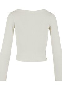 Bijela rebrasta dugosleeve skraćena majica s širokim izrezom i prilagođenim dizajnom, s glatkom teksturom i neprekidnim detaljima na rubu.