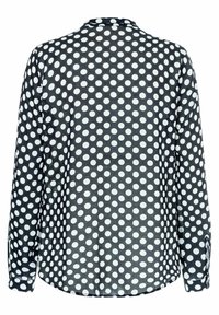 Camicia a maniche lunghe in tessuto leggero, con sfondo nero e grandi pois bianchi, orlo arrotondato e polsini con bottoni.