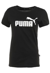 Camiseta de algodón negra con mangas cortas, que presenta un gran logo blanco de "PUMA" y una silueta de puma encima del texto. Textura suave.