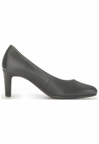 Pumps in pelle nera con punta arrotondata, tacco di 7 cm, texture liscia e un design semplice ed elegante, privo di qualsiasi accentuazione decorativa visibile.