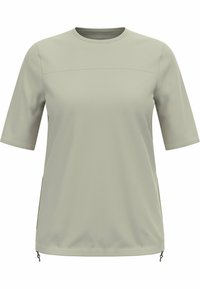 Lichtgrijs T-shirt met korte mouwen, gemaakt van gladde stof, met een ronde halslijn, zijsplitten en subtiele stikdetails.