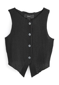 Schwarze gerippte Strickweste mit V-Ausschnitt, fünf grauen Knöpfen vorne und asymmetrischem Saum. Leichtes strukturiertes Material.