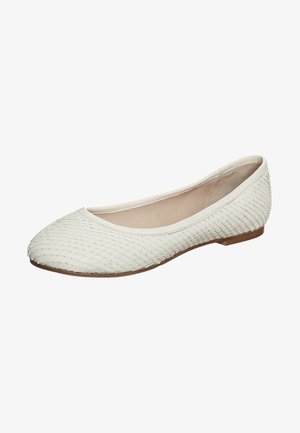 White flat shoe with a textured woven upper, rounded toe, and a low-profile sole. Soft inner lining and smooth exterior finish.