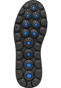 Suela de zapato de goma negra con patrones circulares y acentos azules elevados, diseñada para tracción y transpirabilidad. El nombre de la marca "GEOX" es visible.