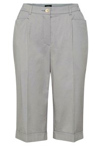 Lichtgrijze cropped broek van een katoenmix. Bevat voorzakken, een plooi aan de zoom en een sluiting met gouden knopen.