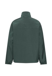 Grüne karierte Jacke mit Stehkragen, elastischen Bündchen und einem leichten, glatten Stoff. Rückansicht zeigt ein einfaches, minimalistisches Design.