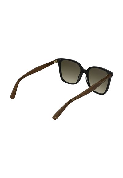 Schwarze Kunststoff-Sonnenbrille mit quadratischer Form und Verlaufsgläsern. Braune Bügel mit dezentem Designdetail und goldfarbenen Metallakzenten.