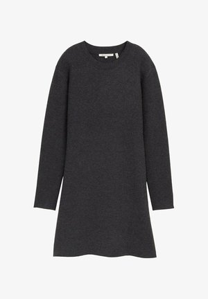 Rochie-pulover gri închis, cu mâneci lungi, decolteu rotund, realizată dintr-un material moale cu o textură netedă, are un croi lejer și o linie a tivului dreaptă.