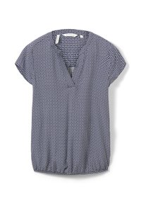 Blouse manches courtes bleu marine avec motif géométrique blanc en forme de losanges, col en V et ourlet froncé, taille 34, présenté sur fond blanc.