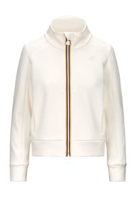 Giacca bianca con zip e colletto alto, caratterizzata da un accento multicolore a righe sulla zip e polsini e orlo a coste. Tessuto dalla superficie liscia.