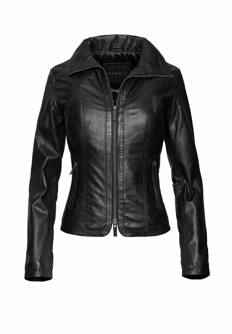 Veste en cuir noir avec une fermeture à zip à l'avant, un col pointu et deux poches latérales zippées. Présente des détails cousus et une coupe ajustée.