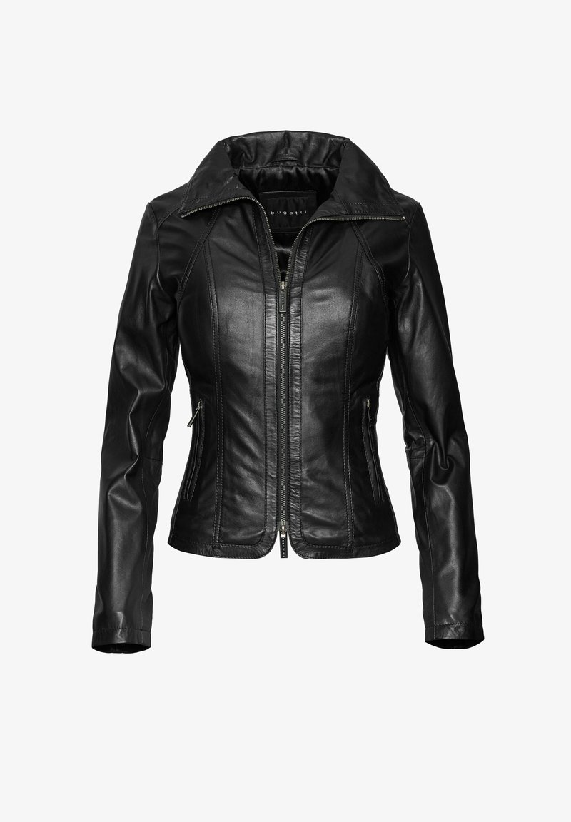 Veste en cuir noir avec une fermeture à zip à l'avant, un col pointu et deux poches latérales zippées. Présente des détails cousus et une coupe ajustée.