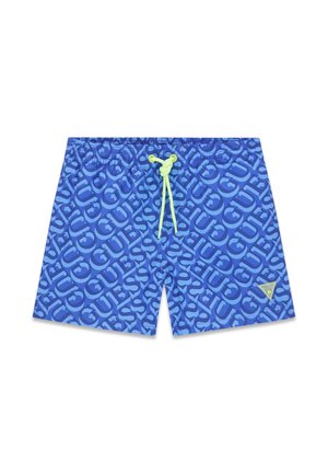 Blaue Badeshorts mit wiederholtem "GUESS"-Logomuster, elastischem Taillenbund, neongelbem Kordelzug und kleinem dreieckigem Logopatch am vorderen rechten Bein.
