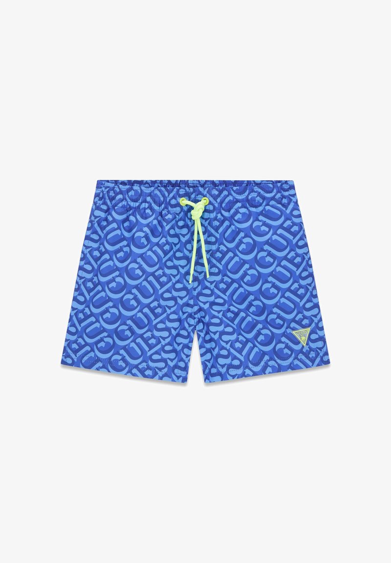 Blauwe zwembroek met herhaald 'GUESS'-logopatroon, elastische tailleband, neon gele trekkoord en een kleine driehoekige logopatch aan de voorkant van het rechterbeen.