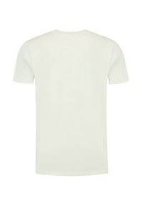 Kurzarm-T-Shirt aus leichtem Cremebaumwollstoff, mit klassischem Rundhalsausschnitt und glatter Textur ohne Muster oder Akzente.