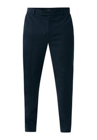 Pantaloni navy realizzati in tessuto liscio, con fronte piatto e gambe affusolate, dotati di passanti per cintura e chiusura con zip.