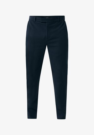 Marineblauwe broek van gladde stof, met een vlakke voorkant en taps toelopende pijpen, voorzien van riemlussen en een ritsluiting.