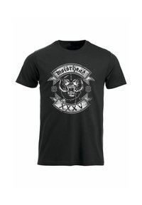 Černé bavlněné tričko s potiskem lebky s tesáky, slovy "Motorhead" a dekorativními prvky ve stříbrné a bílé barvě.