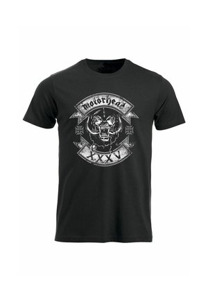 Camiseta de algodón negra con un gráfico de un cráneo con colmillos, la palabra "Motorhead" y elementos decorativos en plata y blanco.
