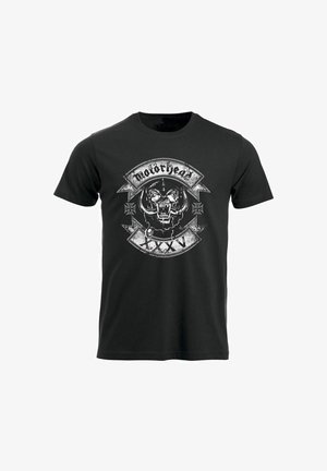 Svart bomull T-skjorte med et grafisk motiv av et hodeskalle med hjørnetenner, ordet "Motorhead", og dekorative elementer i sølv og hvitt.