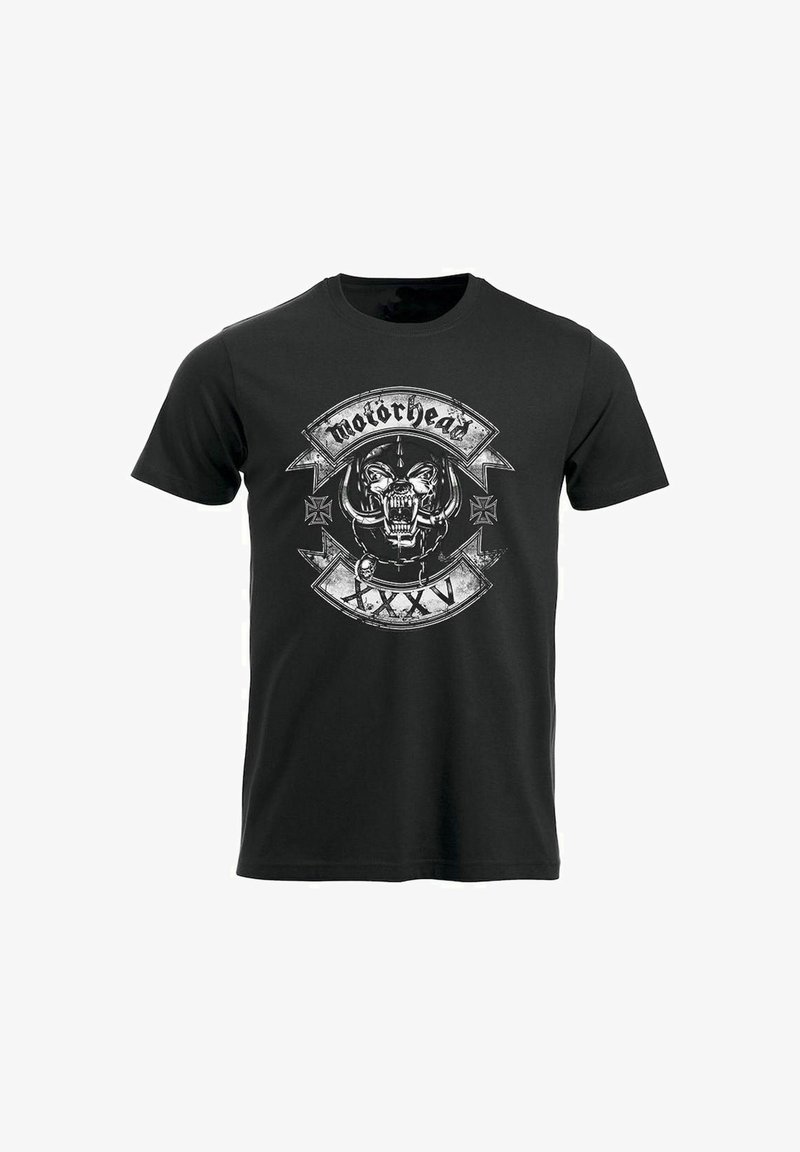 Černé bavlněné tričko s potiskem lebky s tesáky, slovy "Motorhead" a dekorativními prvky ve stříbrné a bílé barvě.