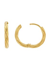 Orecchini a cerchio in oro con design intrecciato. Presentano una finitura lucida e una chiusura sicura. Leggeri e di forma circolare.