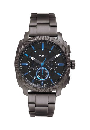 Heren Fossil zwarte metalen chronograaf horloge met blauwe accenten, drie subdials, gestructureerde lunette en metalen schakelarmband.