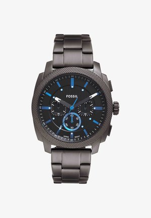 Orologio cronografo da uomo Fossil in metallo nero con accenti blu, tre quadranti secondari, lunetta lavorata e bracciale a maglie in metallo.