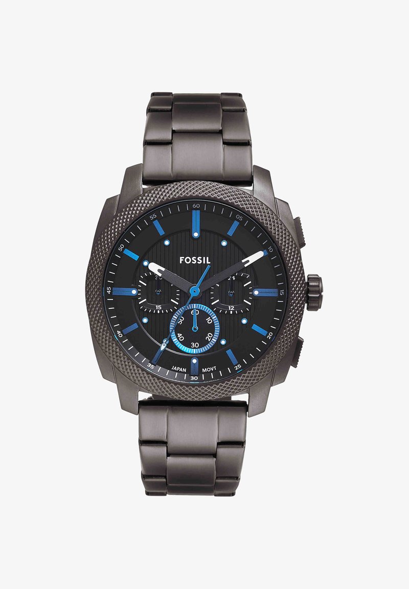 Montre chronographe homme Fossil en métal noir avec des touches bleues, trois sous-cadrans, lunette texturée et bracelet à maillons métalliques.