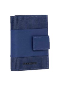 Portafoglio blu navy con tessuto strutturato e pelle liscia, chiuso con una clip. Include un dettaglio con il logo nella parte anteriore inferiore.