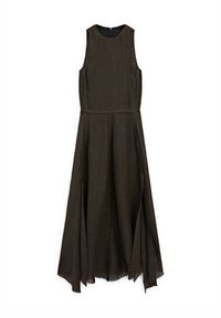 Brown sleeveless dress with a textured fabric, featuring a fitted bodice and flowing skirt with raw hemline and side slits.
