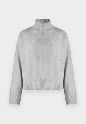 Pulover turtleneck tricotat, de culoare gri deschis, cu un design scurtat, manșete și tiv cu nervuri. Textură moale și croială lejeră.