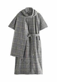 Tumehall triibuline hommikumantel lühikeste varrukatega, vööga ja kahe ees taskuga; valmistatud pehmest, tekstuuriga kangast ning suure kraega.