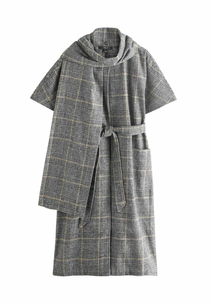 Tumehall triibuline hommikumantel lühikeste varrukatega, vööga ja kahe ees taskuga; valmistatud pehmest, tekstuuriga kangast ning suure kraega.