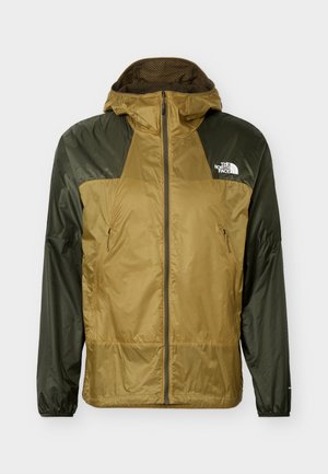 Ανδρικό αδιάβροχο μπουφάν με κουκούλα σε δύο αποχρώσεις, ελιάς και καφέ, με φερμουάρ μπροστά και το λογότυπο The North Face στο στήθος.