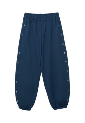 Pantalon de survêtement à taille élastique bleu marine avec poignets élastiques et œillets métalliques courant le long des côtés extérieurs des deux jambes.