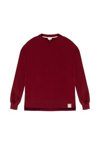 Bordowy sweter z długim rękawem, okrągłym dekoltem i ściągaczami przy nadgarstkach. Posiada rozcięty dół oraz fakturowany ozdobny metka na dole.