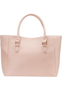 Sac cabas en cuir synthétique rose avec deux bretelles d'épaule, une texture lisse et un matériel minimaliste. Présente un design simple et épuré.