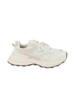 White and beige athletic sneaker with thick sole, mesh and suede panels, laces, and pull tab at heel, shown from the side.