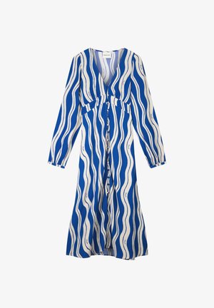Blauw-witte jurk met lange mouwen, golvende verticale strepen, V-hals en knopen over de voorkant.